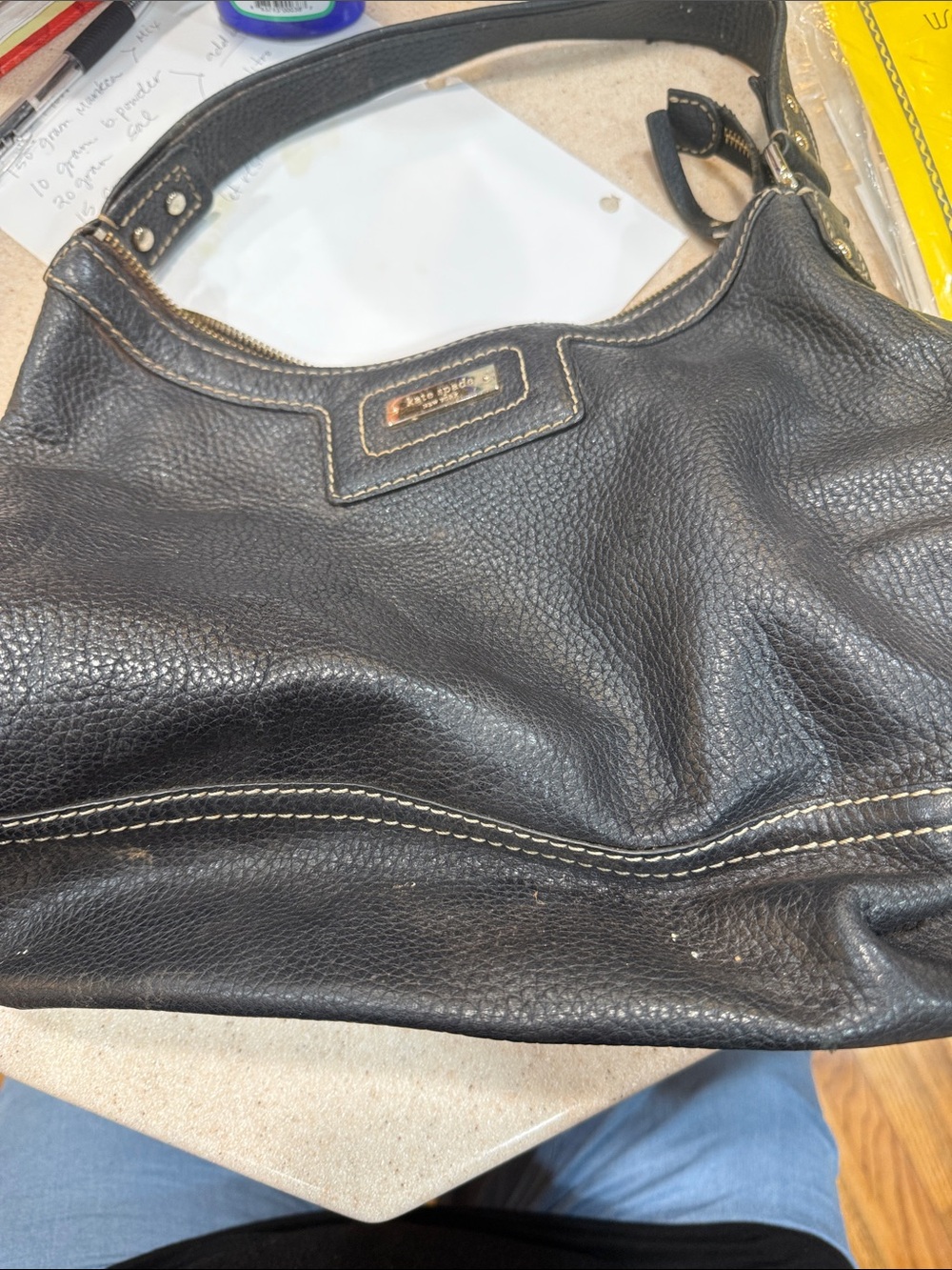 Kate spade Black Pebbled Leather Shoulder Hobo with Contrast Stitching